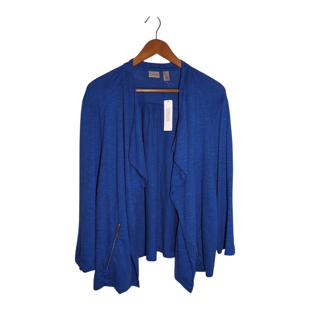 Chicos Easywear Kasen Drape Jacket Majestic Blue Cotton Modal Size 3 NEW